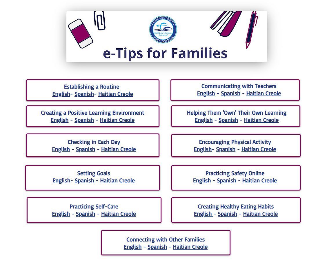 Cougar families, please see this link for some wonderful resources from MDCPS: https://www.engagemiamidade.net/e-tips-for-parents 🥇#GoingfortheGoldatKLP #KLProcks @miamisup @mdcpscentralregion @mdcpscommunity @miamischools
