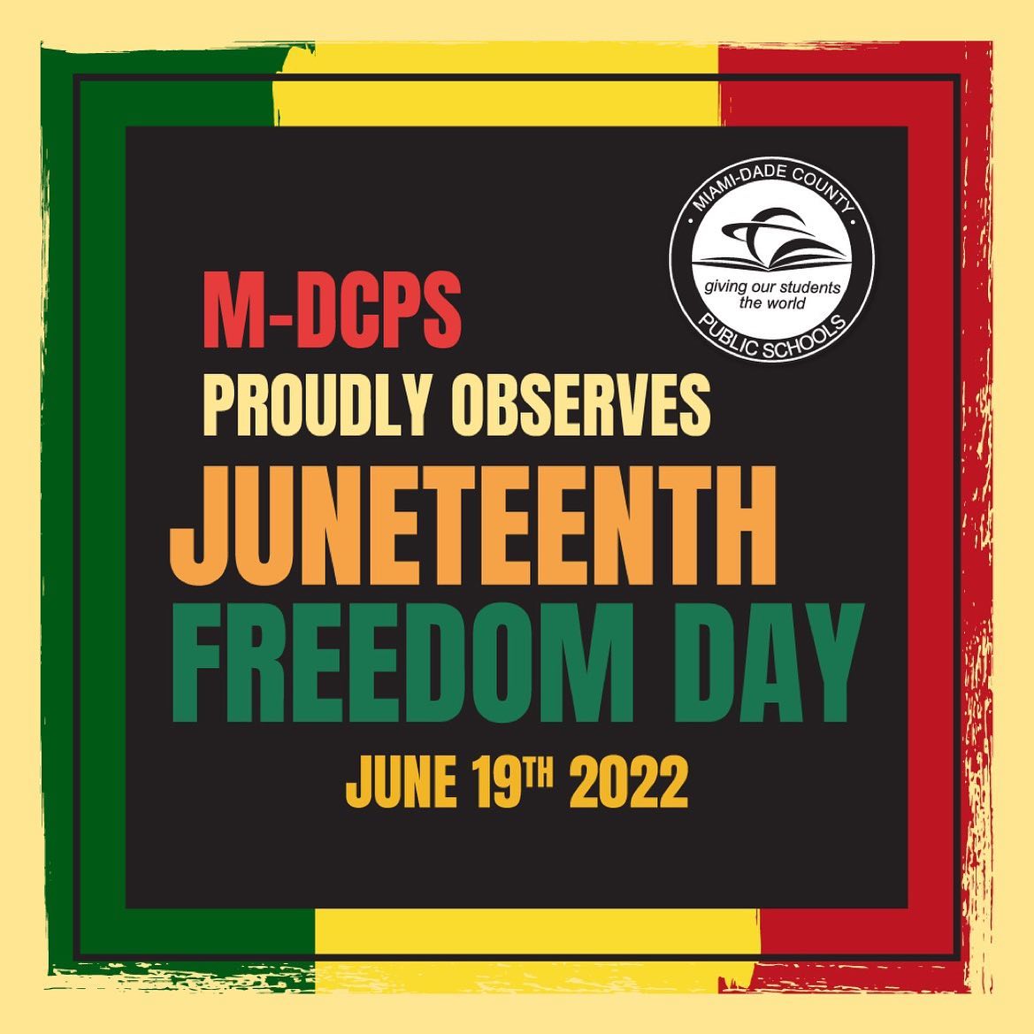 Repost from @miamischools
•
On #Juneteenth, join us in celebrating freedom and cultivating knowledge and appreciation of African American history, culture and education. Let's embrace our differences and celebrate them with respect and honor. #ValuesMatterMiami

#KLProcks @suptDotres @mdcpscommunity @miamischools @mdcps_d2 @mdcps_central